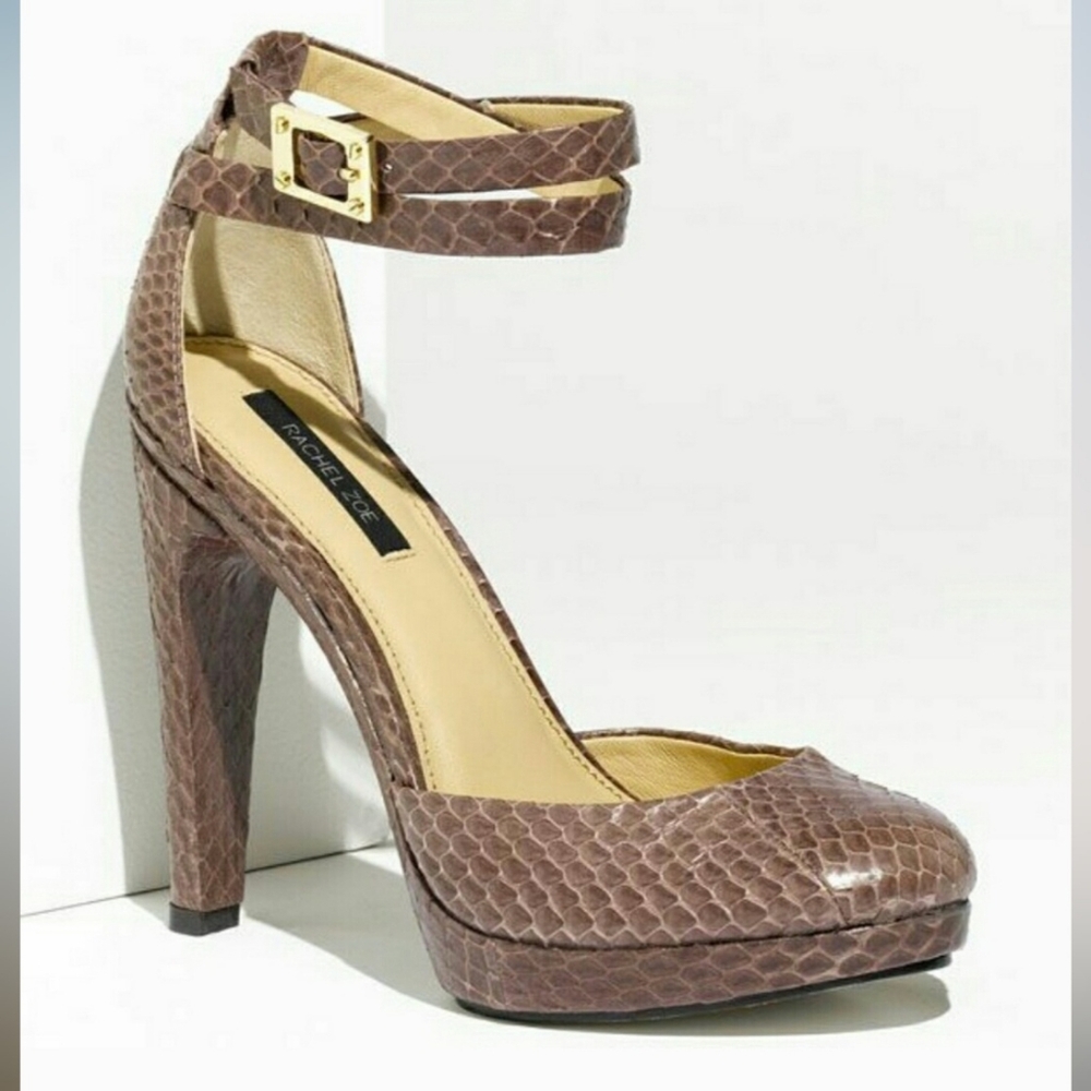 Rachel Zoe Women's Cole Snakeskin Ankle-Strap Pump Nut 7